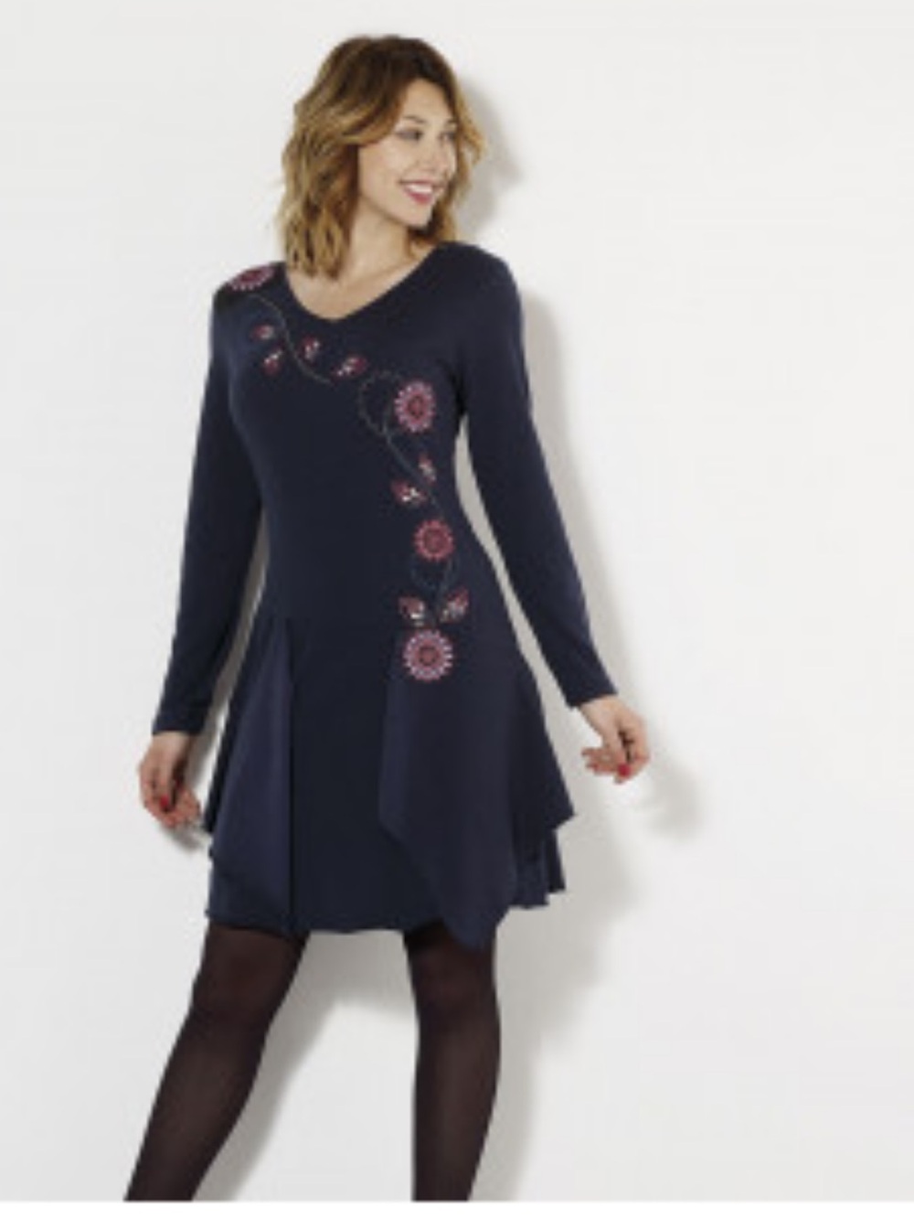 Coline Pro Blue Cotton Dress Floral Appliqués